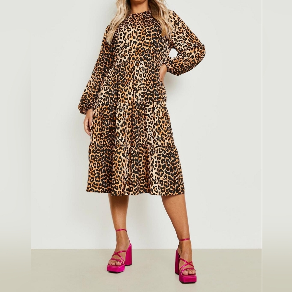 Animal Print Loose Fit Long Sleeve Midi Dress 🐆